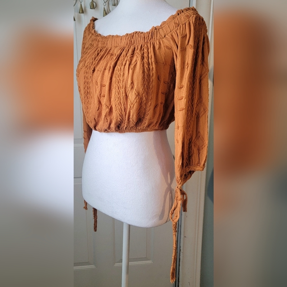 Audrey 3+1 Embroidered Boho Off the Shoulder Cropped Top Womens S Burnt Orange